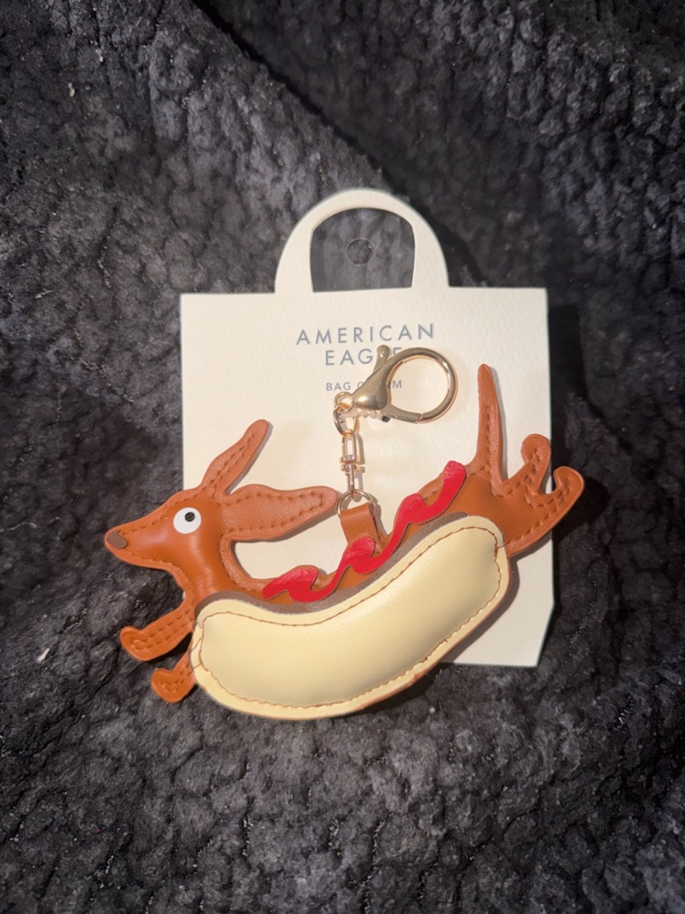 American Eagle Outfitter, Cream & Red Dachshund Hot Dog Keychain (Bag Charm)